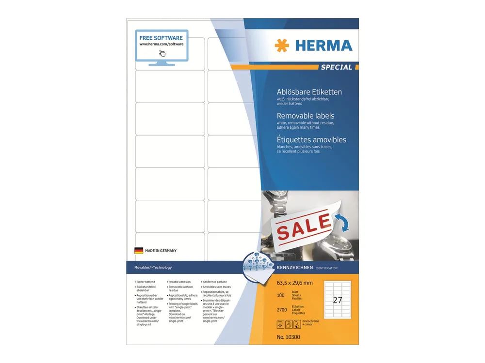 HERMA Special - Papier - matt - selbstklebend, entfernbarer Klebstoff - weiß - 63.5 x 29.6 mm 2700 Etikett(en) (100 Bogen x 27)