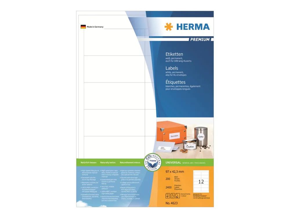 HERMA Premium - Papier - matt - permanent selbstklebend - weiß - 97 x 42.3 mm 2400 Etikett(en) (200 Bogen x 12)