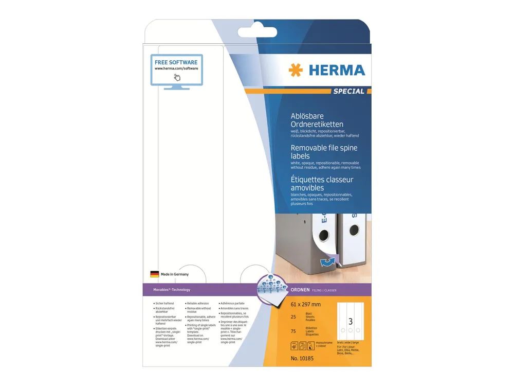 HERMA Special - Papier - matt - selbstklebend, entfernbarer Klebstoff - weiß - 61 x 297 mm 75 Etikett(en) (25 Bogen x 3)