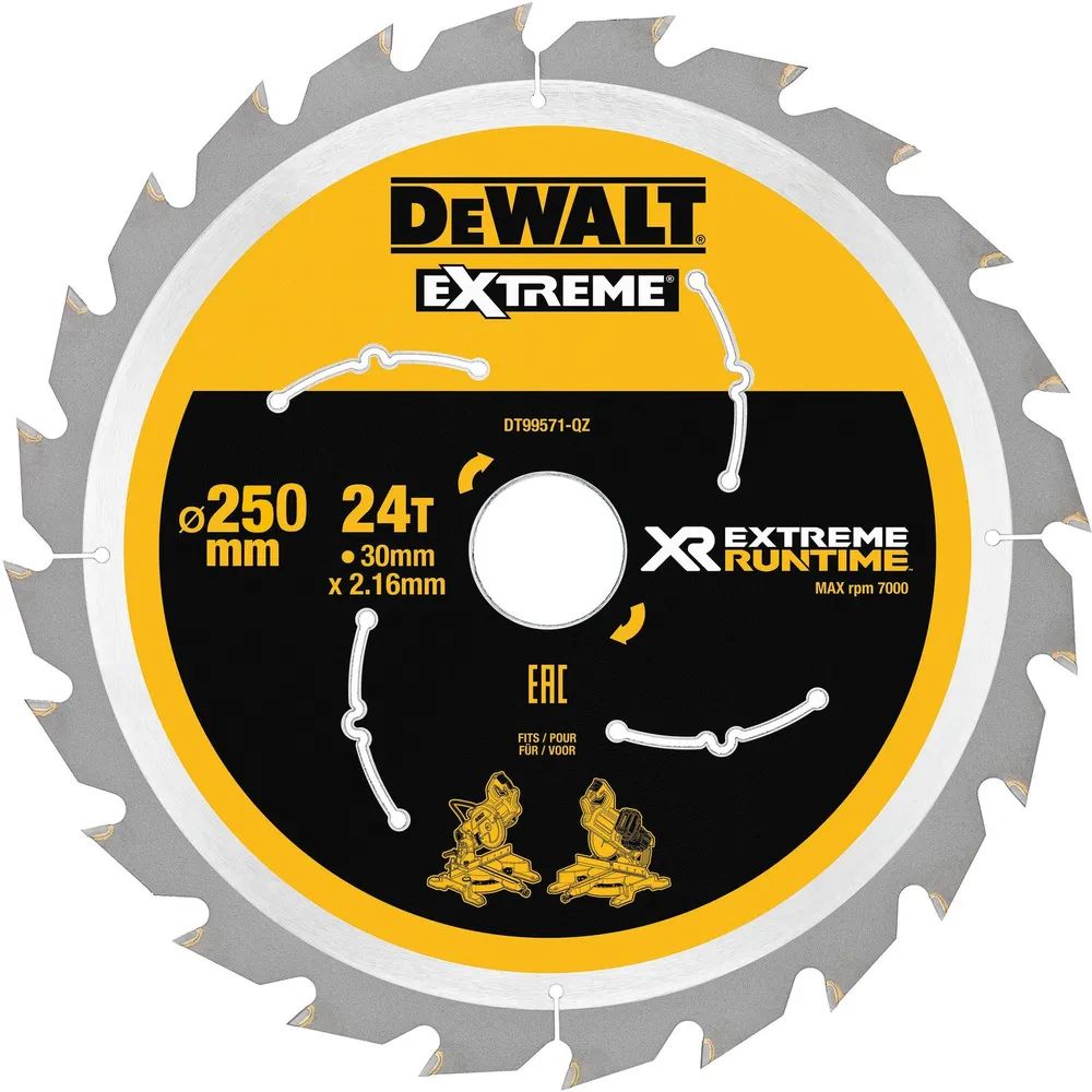 DEWALT Kreissägeblatt XR Extrem Runtime HM ø 250 x 2,16 x 30mm Zähne 24 (WZ/FZ)