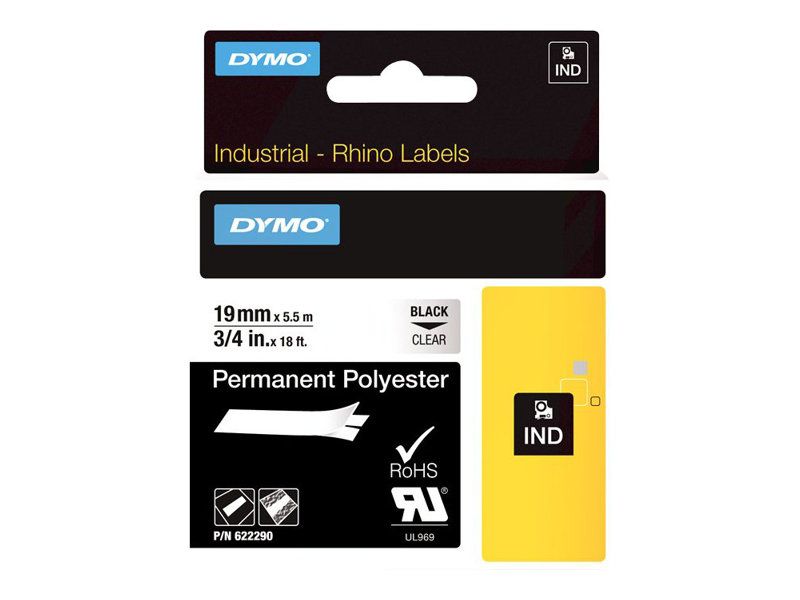 Dymo RhinoPRO Permanent Polyester - Polyester - permanenter Klebstoff - schwarz auf durchsichtig - Roll (1.9 cm x 5.5 m)