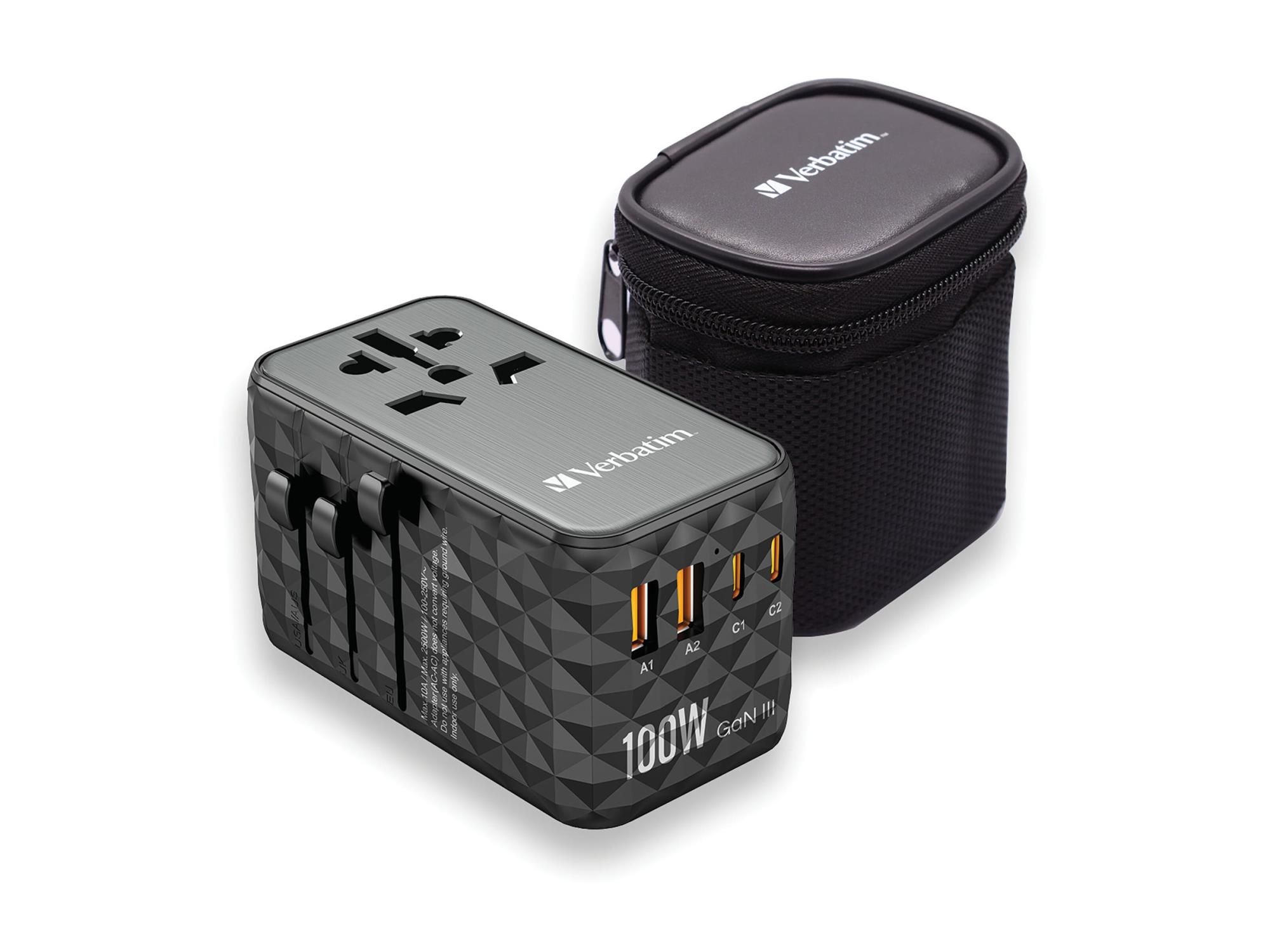 Verbatim UTA-06 - Netzteil - GaN III, Universal - 100 Watt - 5 A - PD 3.0, QC 4.0+, QC 3.0, Fast Charge, Super Charge, Apple Fast Charge, PD/PPS, USB BC 1.2 - 4 Ausgabeanschlussstellen (2 x USB, 2 x USB-C)