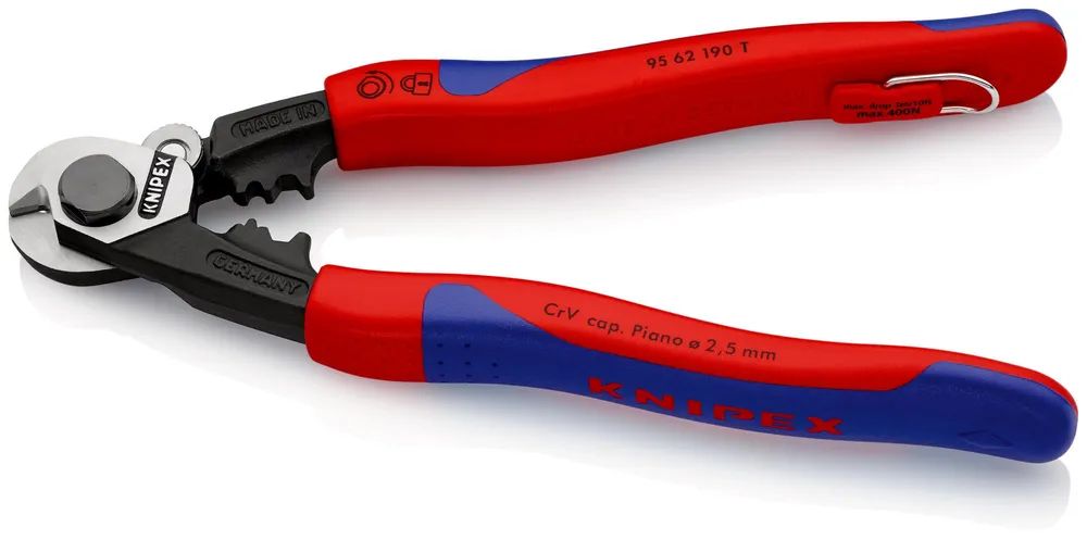 KNIPEX 95 62 190 T Drahtseilschere geschmiedet mit 2K-Hüllen, mit integrierter Befestigungsöse 190 mm