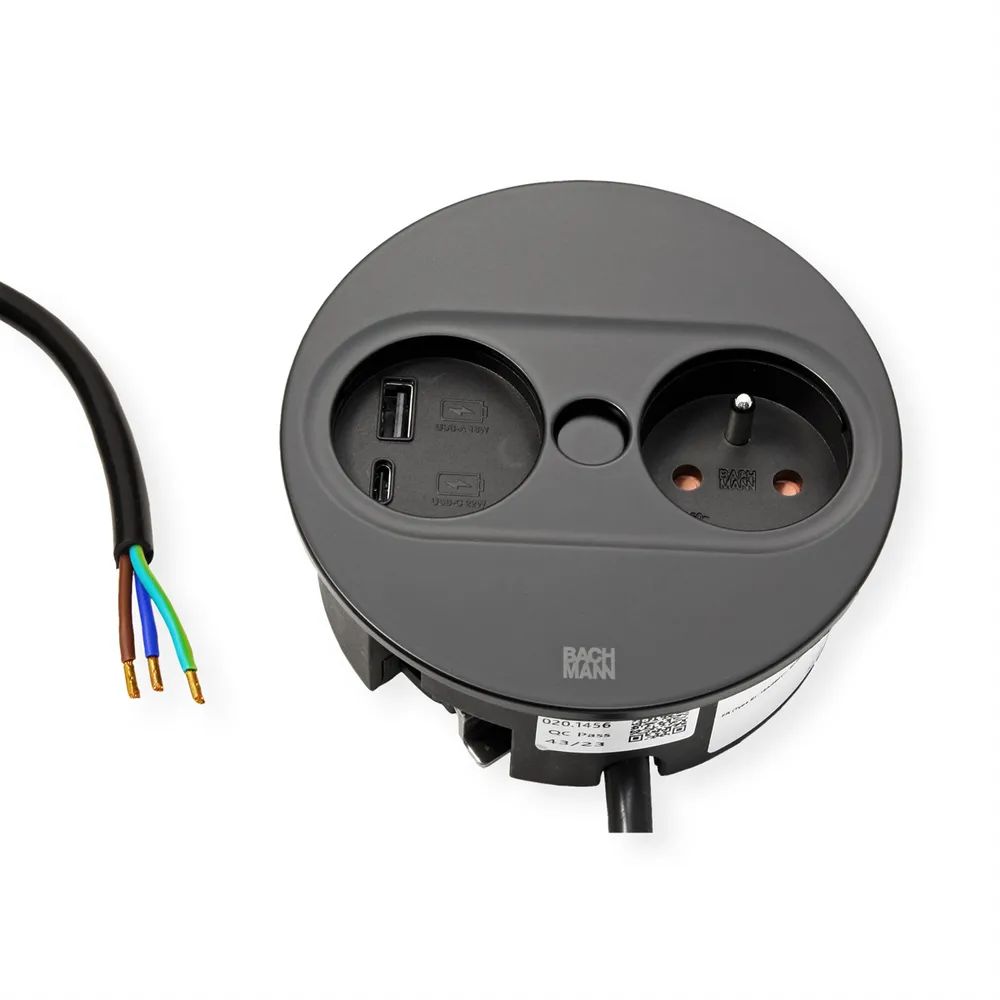 BACHMANN TWIST 2 1xUTE 1xUSB A/C 22W 2,0m AEH RAL9005 30GE rund