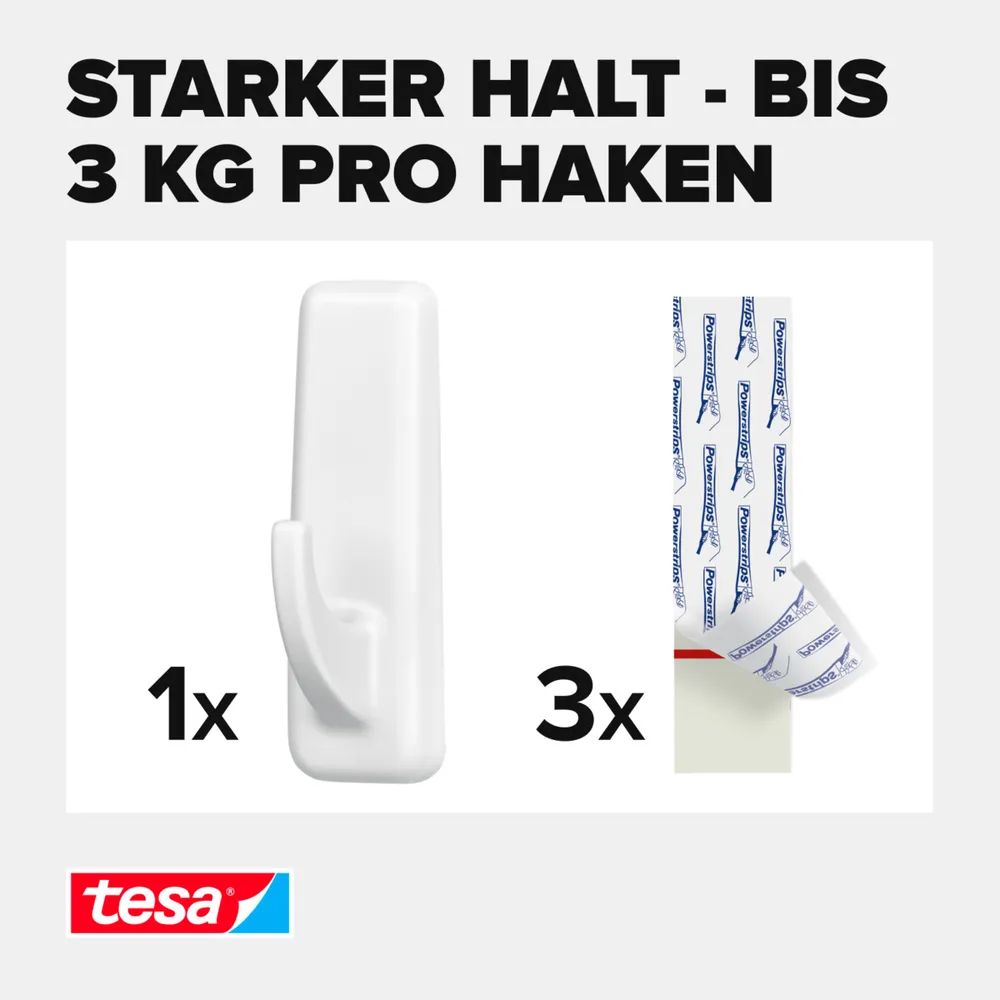 tesa® Powerstrips Klebehaken XL Rechteckig, weiß, 3 kg Halteleistung