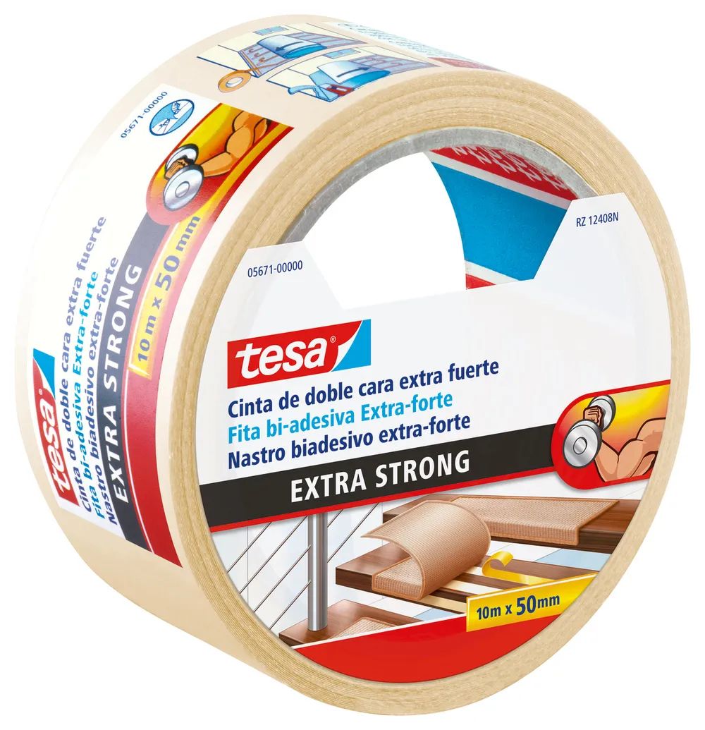 tesa® Extra Stark Teppichband – 10 m x 50 mm – doppelseitiges Klebeband für Bodenbeläge