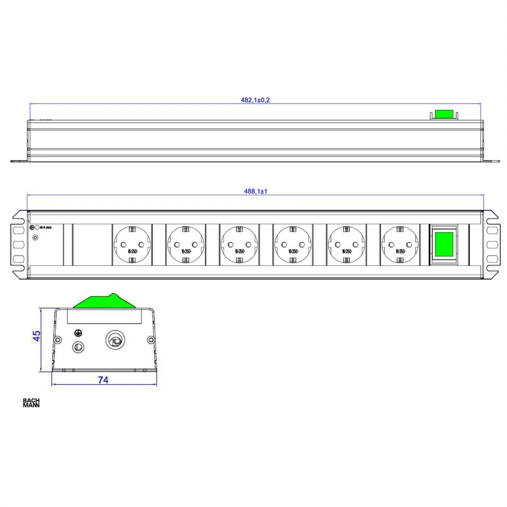 BACHMANN HANDWERKERLEISTE 6xSchutzkontakt, 1xSchalter