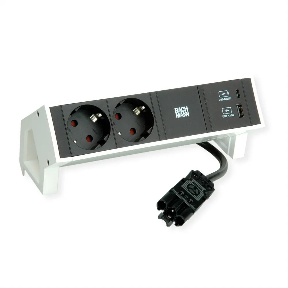 Bachmann DESK 2 - Steckdosenleiste - Inklusive Montageschelle - Wechselstrom 250 V - Eingabe, Eingang GST18i3 - Ausgangsanschlüsse: 2 (2 x CEE 7/3, 24 pin USB-C, USB)