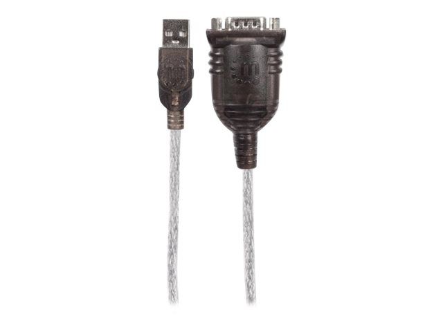 Manhattan USB-A to Serial Converter cable, 45cm, Male to Male, Serial/RS232/COM/DB9, Prolific PL-2303RA Chip, Black/Silver cable, Three Year Warranty, Polybag