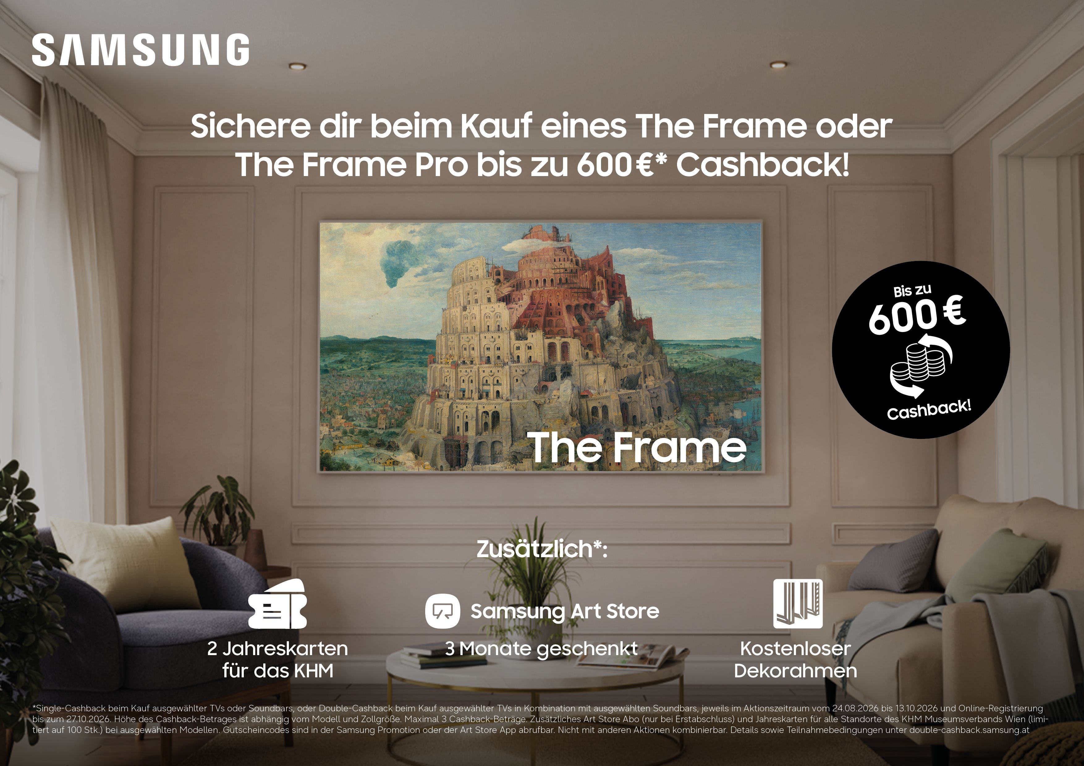 Samsung The Frame Fernseher im Wohnzimmer mit Kunstmotiv und Cashback-Aktion für The Frame und The Frame Pro