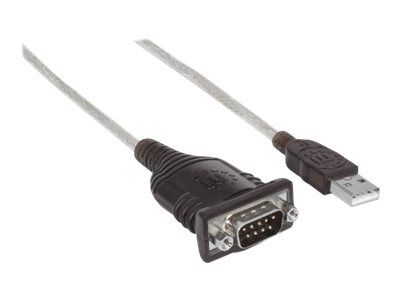 Manhattan USB-A to Serial Converter cable, 45cm, Male to Male, Serial/RS232/COM/DB9, Prolific PL-2303RA Chip, Black/Silver cable, Three Year Warranty, Polybag