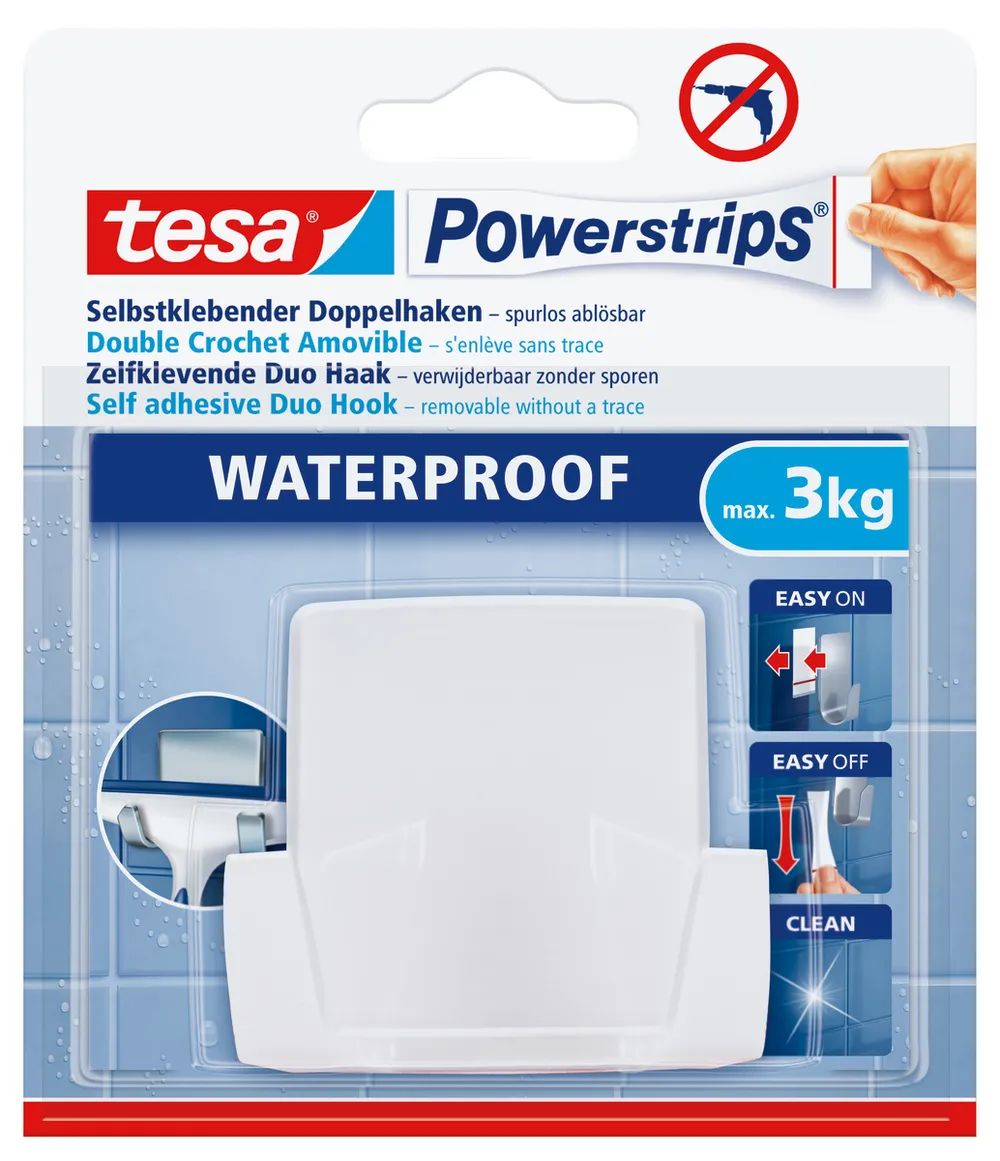 t﻿esa® Powerstrips® Waterproof Duo-Haken, bis 2 kg Tragkraft für Bad/Küche