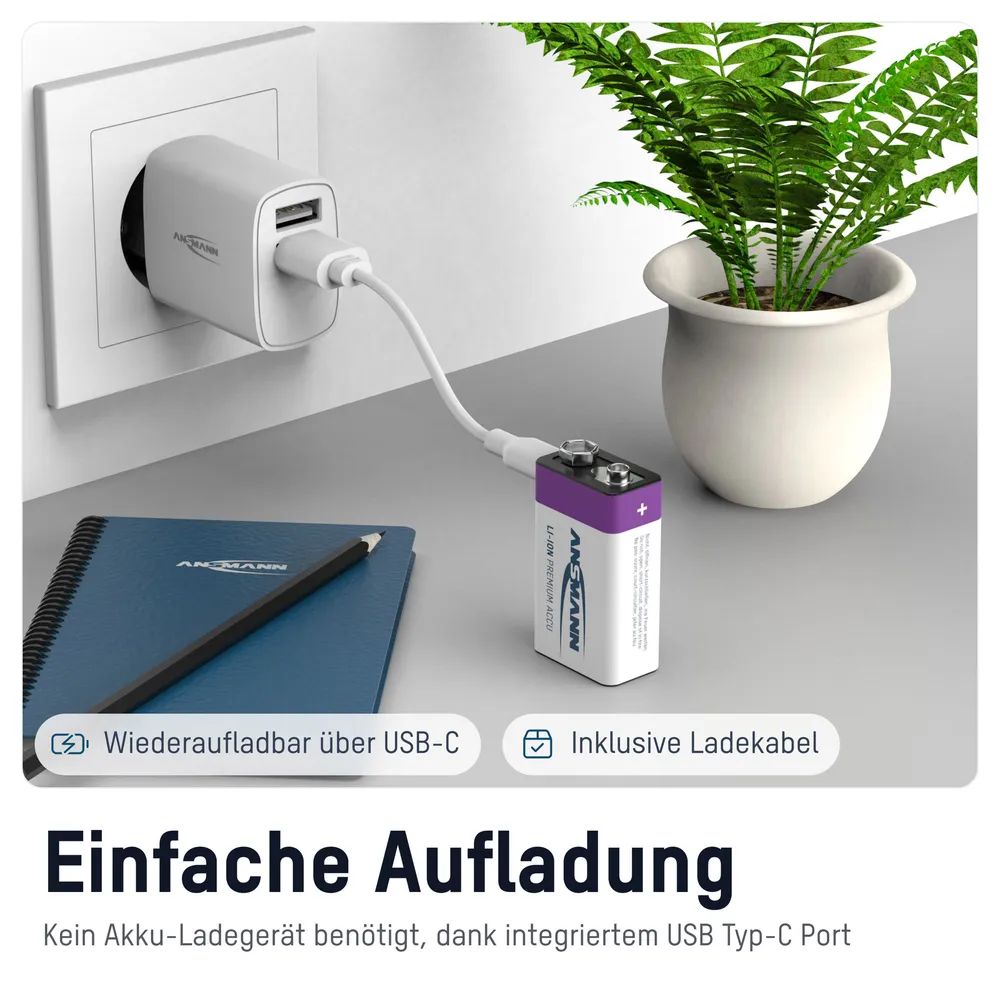 Ansmann E-Block USB-C Akku Li-Ion 1 St. - - Block - Akku - 9V-Block
