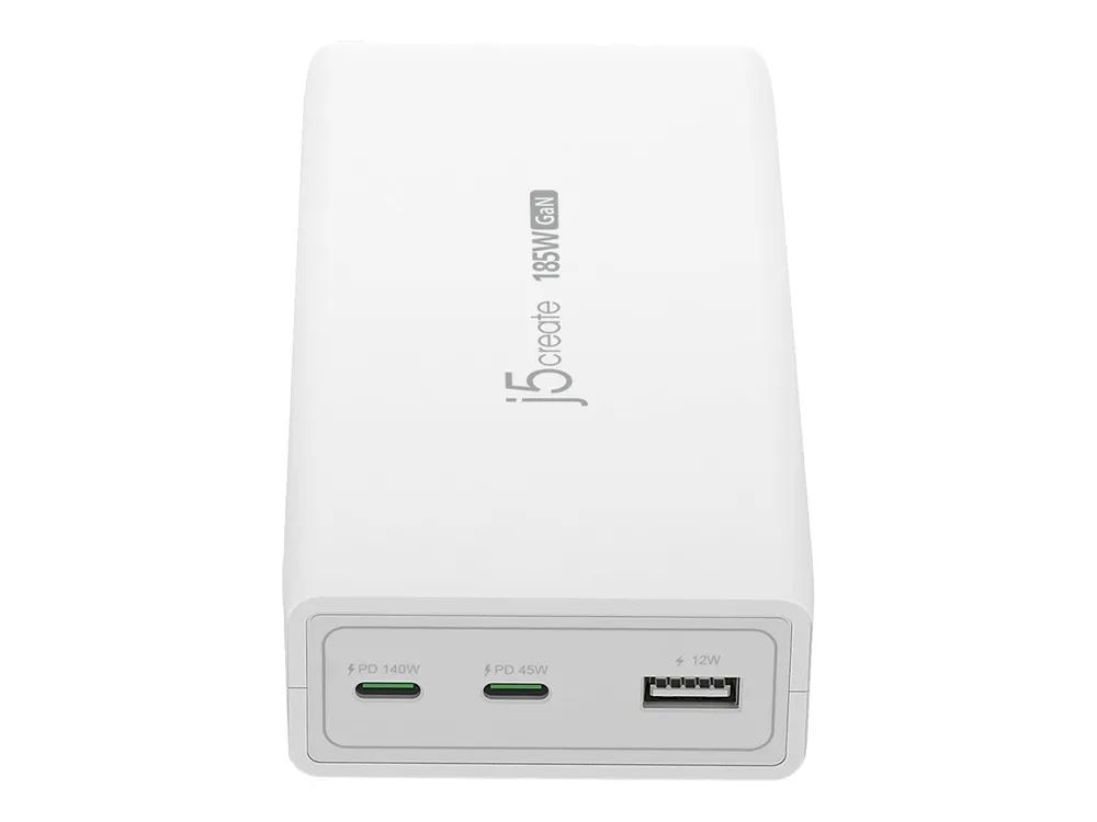 j5create JUP37185W-EN - Netzteil - GaN - 185 Watt - 5 A - Power Delivery 3.1 - 3 Ausgabeanschlussstellen (USB Typ A, 2 x USB-C)