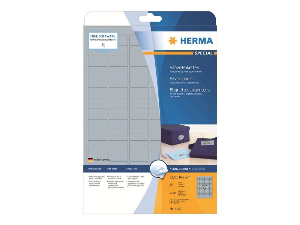 HERMA Special - Polyester - glänzend - permanent selbstklebend - Silber - 30.5 x 16.9 mm 2400 Etikett(en) (25 Bogen x 96)