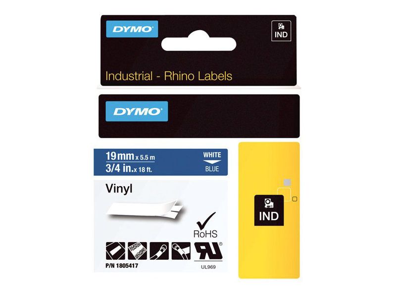 Dymo Rhino Coloured Vinyl - Vinyl - permanenter Klebstoff - weiß auf blau - Roll (1.9 cm x 5.5 m)
