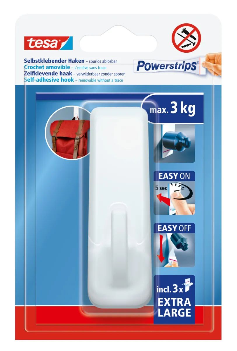 tesa® Powerstrips Klebehaken XL Rechteckig, weiß, 3 kg Halteleistung