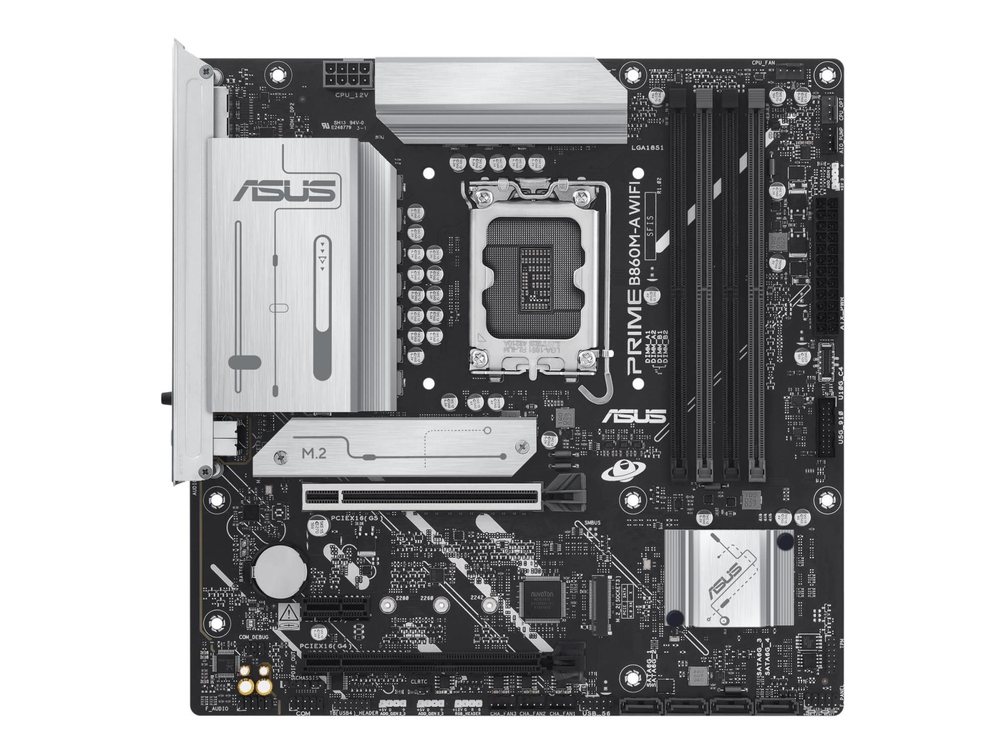 ASUS PRIME B860M-A WIFI - Motherboard - micro ATX - LGA1851-Sockel - B860 Chipsatz - USB-C 3.2 Gen 2x2, USB 3.2 Gen 2, USB 3.2 Gen 1, USB-C 3.2 Gen 1 - 2.5 Gigabit LAN, Bluetooth, Wi-Fi 6E - Onboard-Grafik (CPU erforderlich)