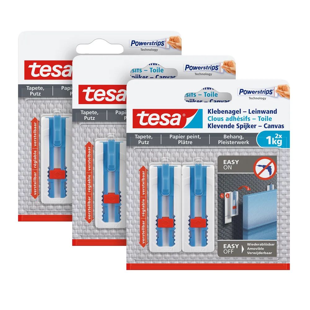 tesa® Klebenagel für Tapeten & Putz – 3er-Pack – bis 1 kg Tragkraft – ohne Bohren