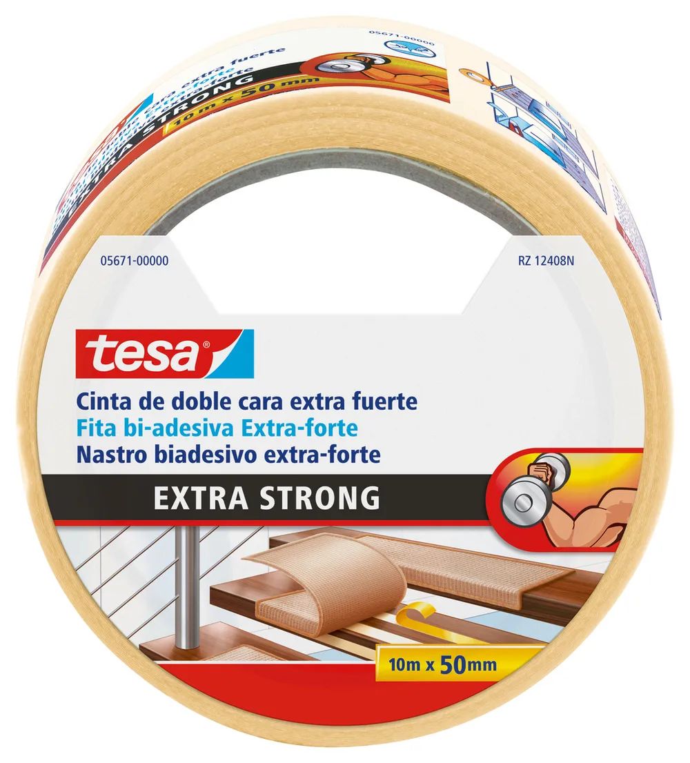 tesa® Extra Stark Teppichband – 10 m x 50 mm – doppelseitiges Klebeband für Bodenbeläge