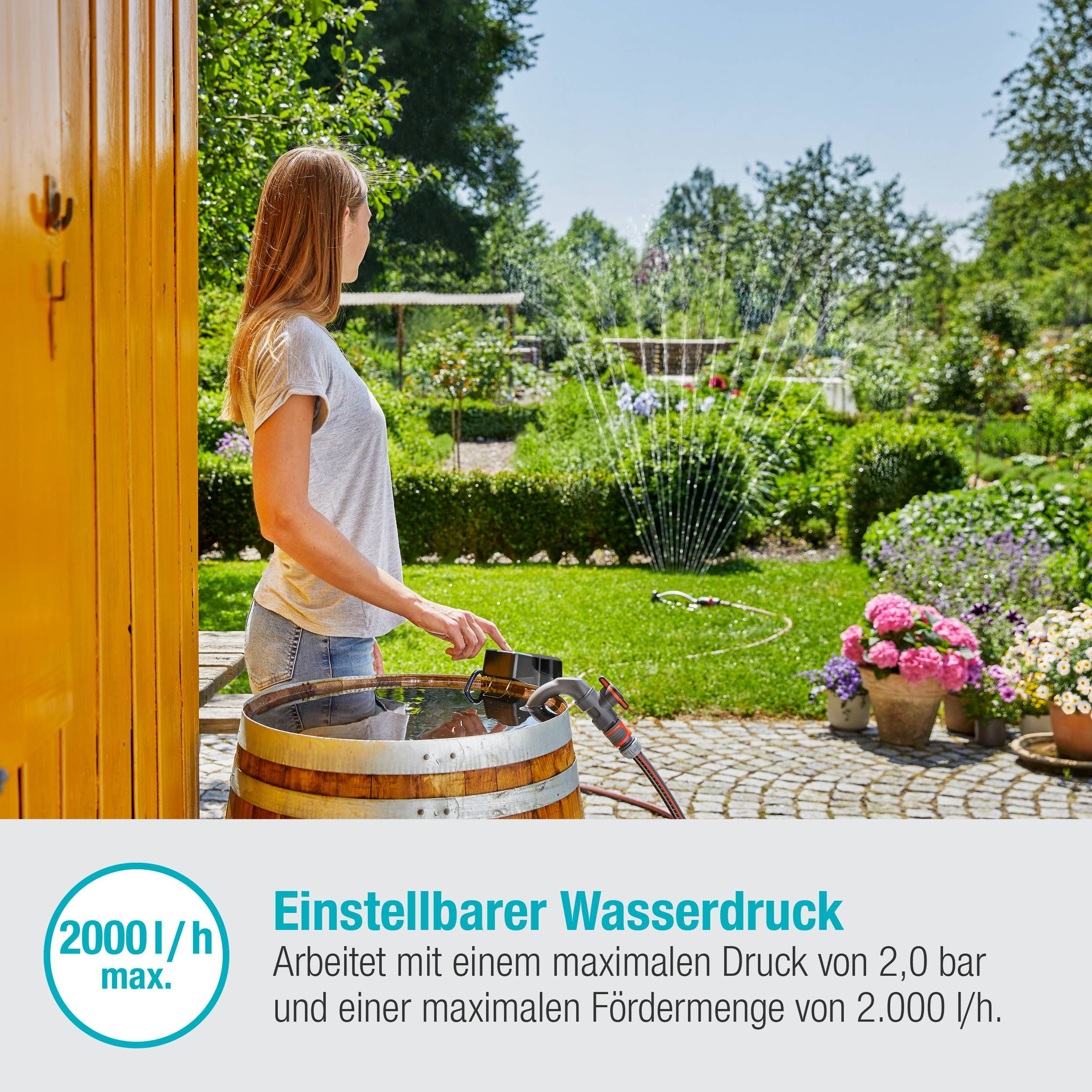 Gardena Akku-Regenfasspumpe 2000/2 18V P4A Ready-To-Use Set