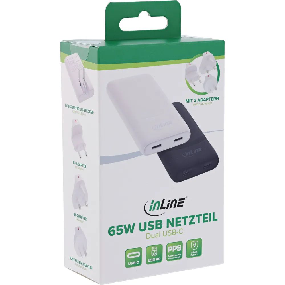 InLine USB Reise-Netzteil Ladegerät - Dual USB-C - PD - PPS - 65W - flach - weiß