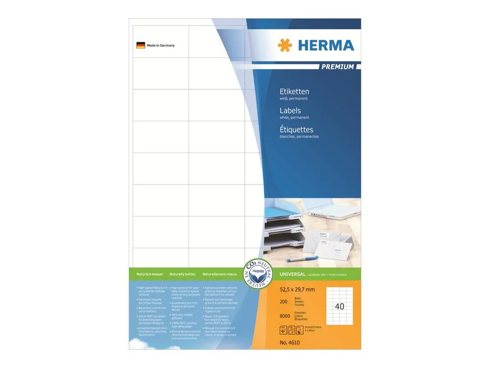 HERMA Premium - Papier - matt - permanent selbstklebend - weiß - 52.5 x 29.7 mm 8000 Etikett(en) (200 Bogen x 40)