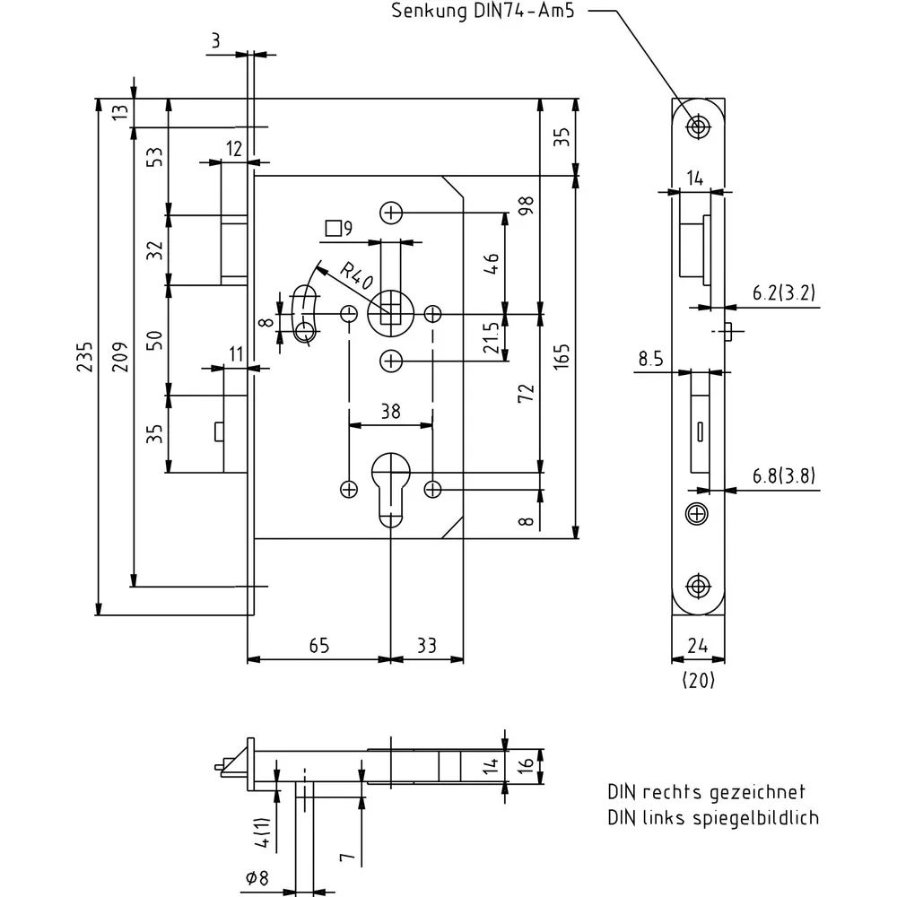 BMH Fluchttürhauptschloss 1122, 2-flg. Funktion B/EN 179, rechts, DM65,Edelstahl