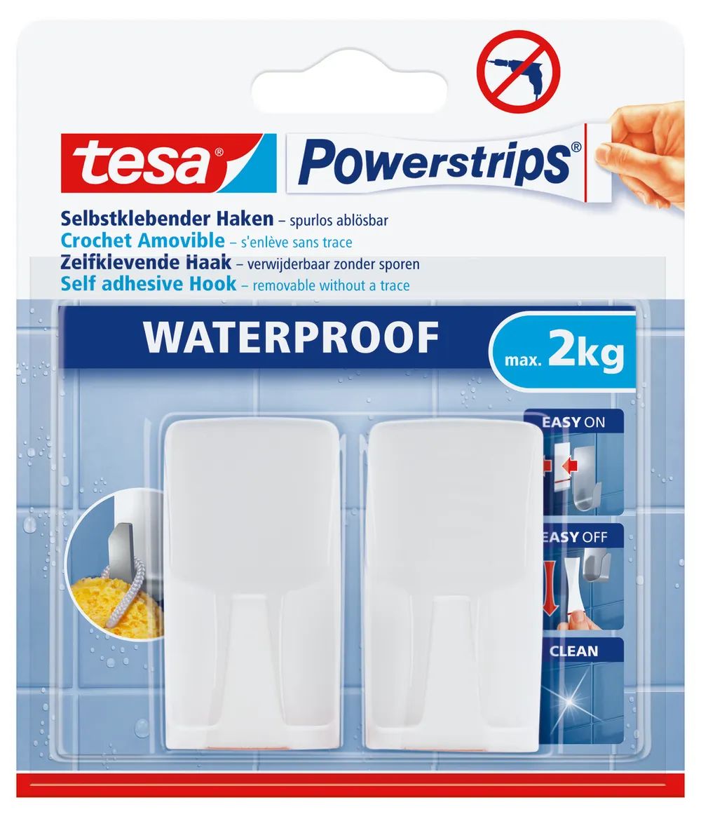tesa® Powerstrips® Waterproof Haken L Rechteckig, Metalloptik