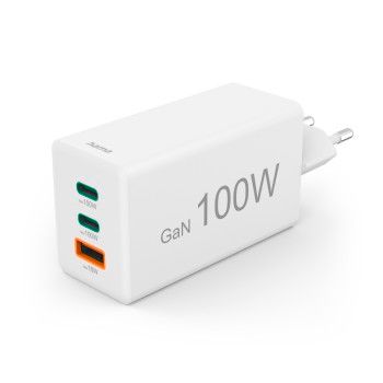 Hama Schnellladegerät, GaN, 2x USB-C, 1x USB-A, Mini-Ladegerät, PD, 100 W, Weiß