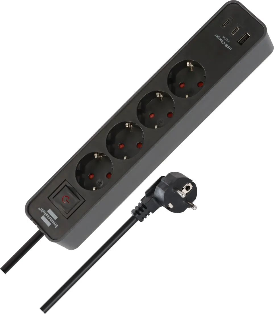 Hugo Brennenstuhl GmbH & Co. KG Ecolor Steckdosenleiste 4-fach mit 2x USB C PD 20W und 1x USB A, schwarz/anthrazit, 1,5m H05VV-F3G1,5