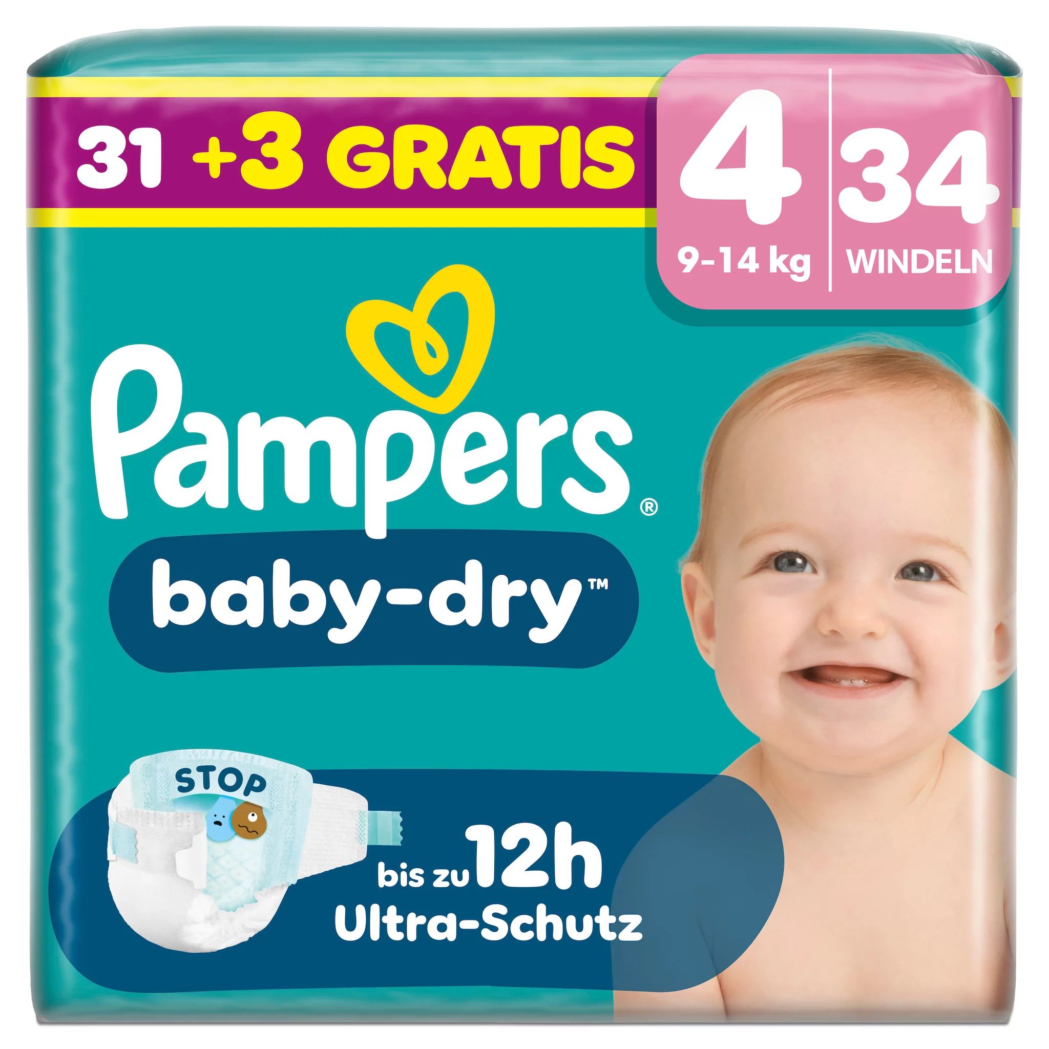 Pampers Baby Dry Gr.4 Maxi 9-14kg Single Overfill, 34 Stk.