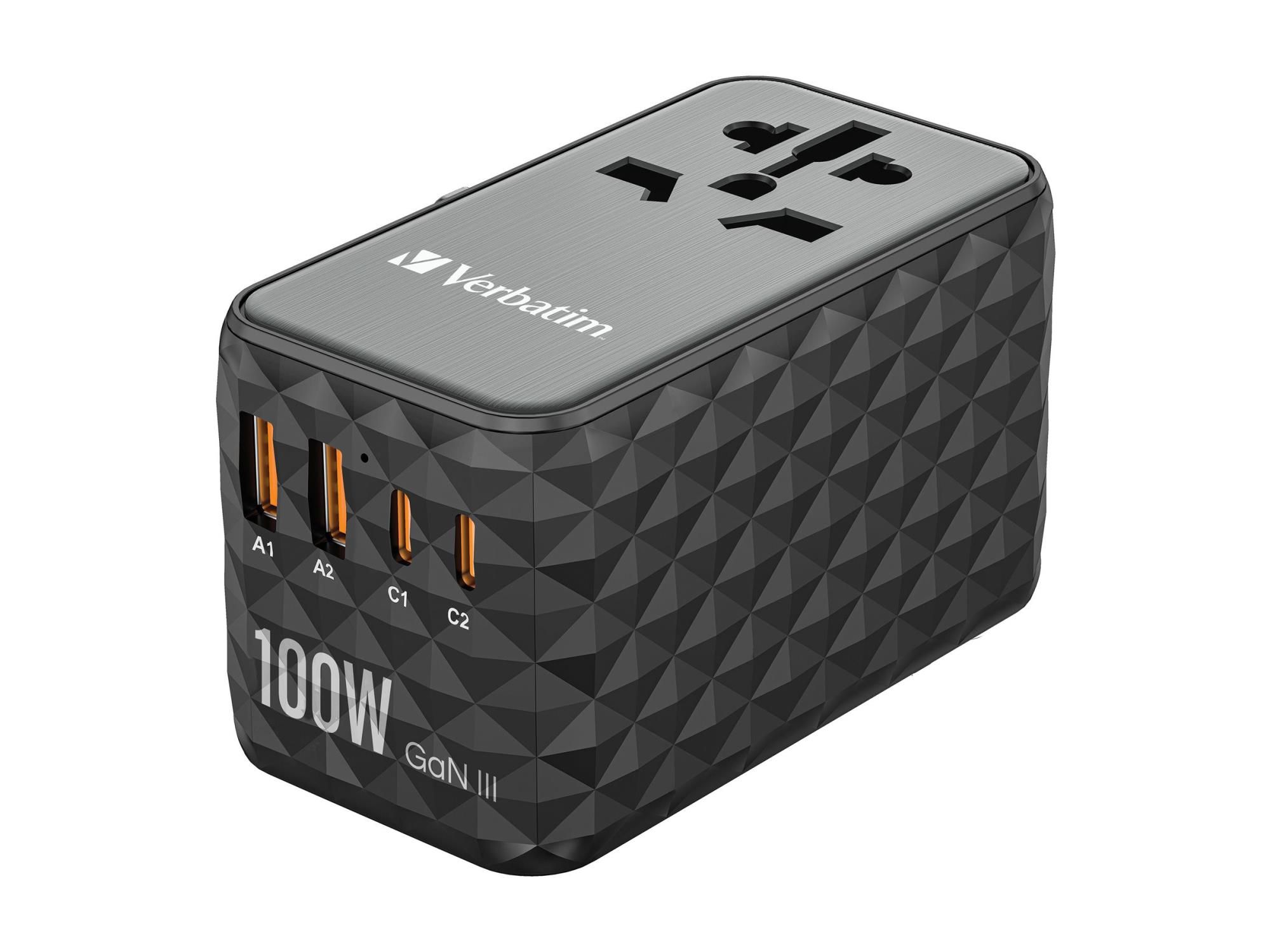 Verbatim UTA-06 - Netzteil - GaN III, Universal - 100 Watt - 5 A - PD 3.0, QC 4.0+, QC 3.0, Fast Charge, Super Charge, Apple Fast Charge, PD/PPS, USB BC 1.2 - 4 Ausgabeanschlussstellen (2 x USB, 2 x USB-C)