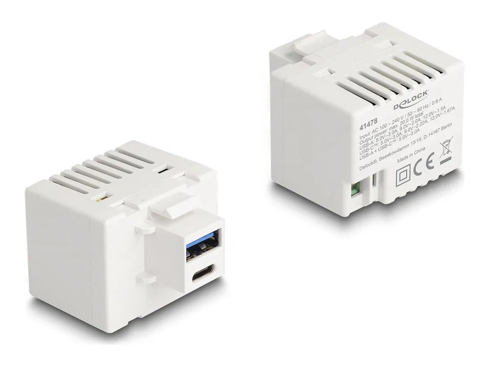 Delock Netzteil - 20 Watt - 3 A - PD - 2 Ausgabeanschlussstellen (USB Typ A, USB-C)