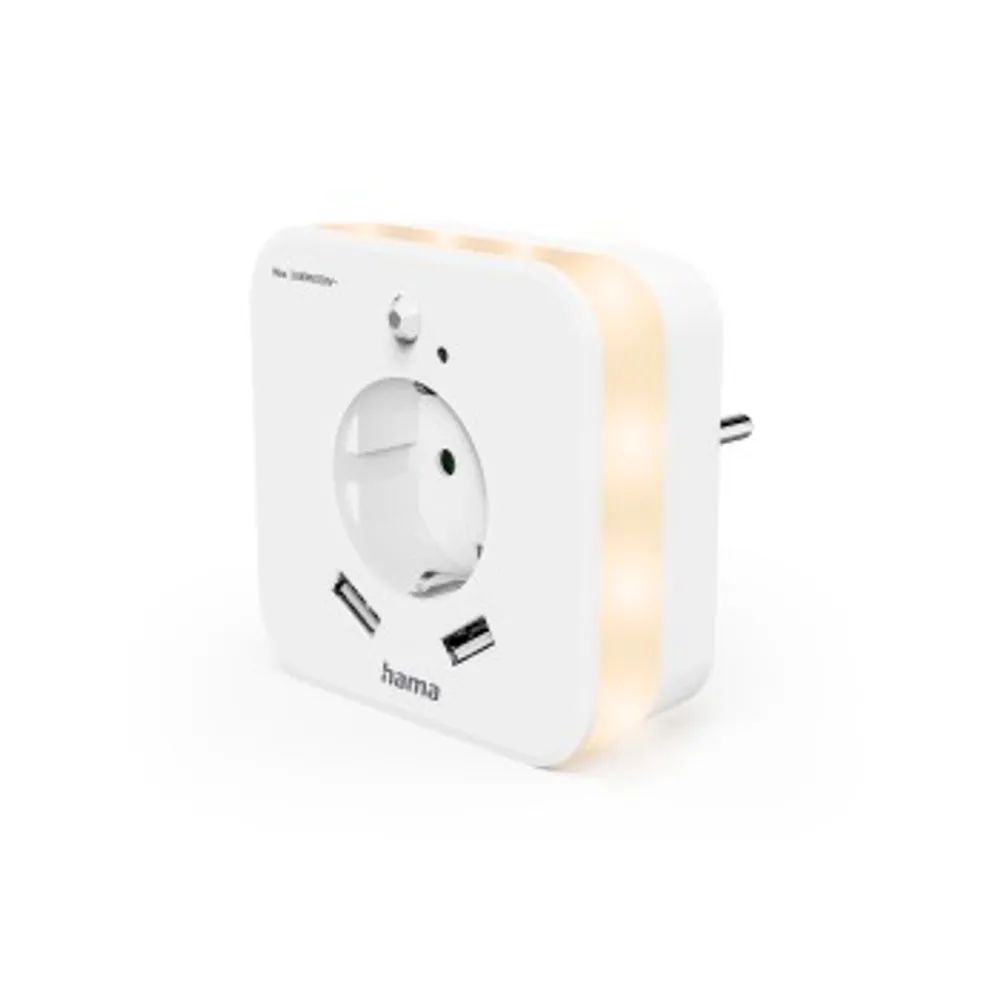 Hama LED-Nachtlicht mit Steckdose, 2 USB-Ausgänge, Bewegungsmelder, Lichtsensor