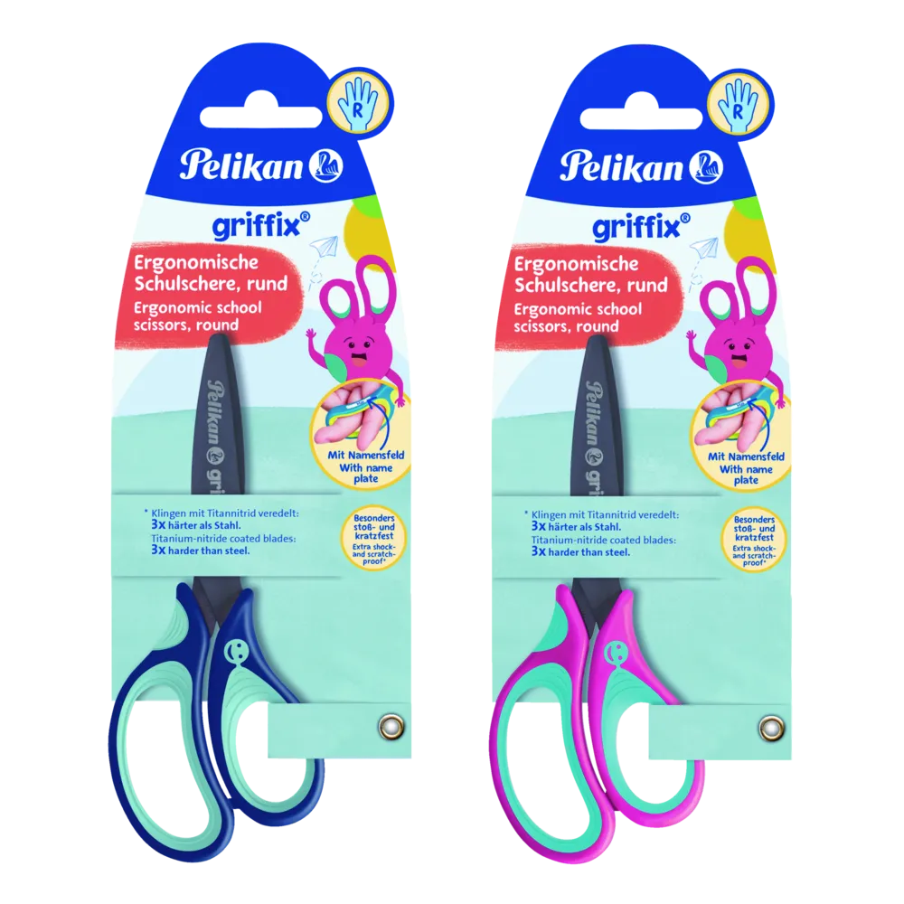Pelikan griffix Schulschere Rechtshändermodelle Rund 14cm sortiert Blau und Lovelypink auf Blisterkarte/Rivet