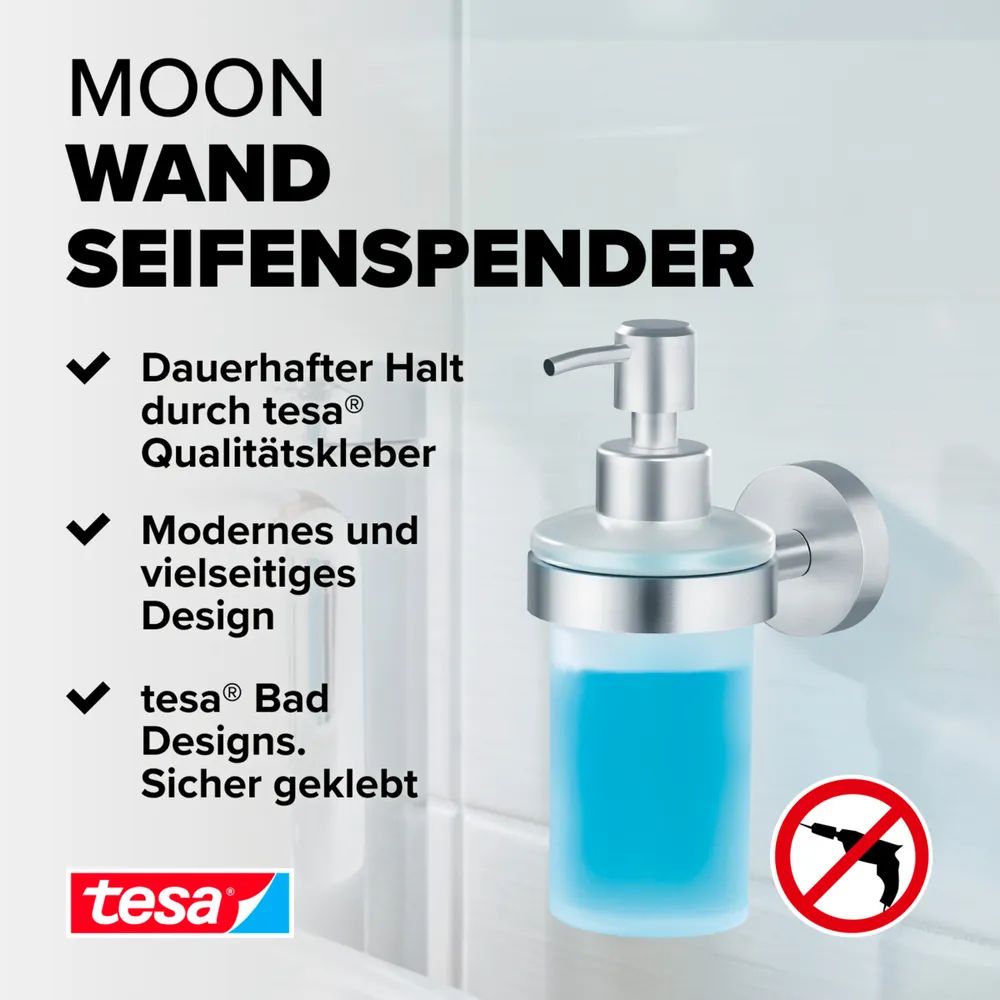 tesa® MOON Seifenspender-Set – satiniertes Glas, ohne Bohren