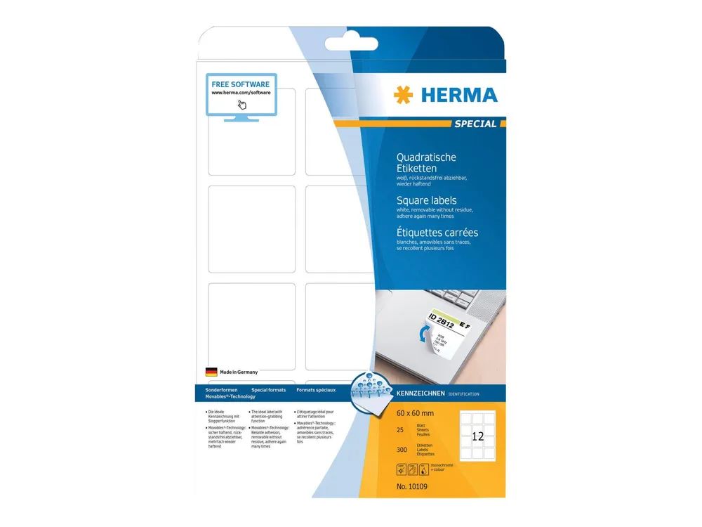 HERMA Special - Papier - matt - selbstklebend, entfernbarer Klebstoff - weiß - 60 x 60 mm 300 Etikett(en) (25 Bogen x 12)