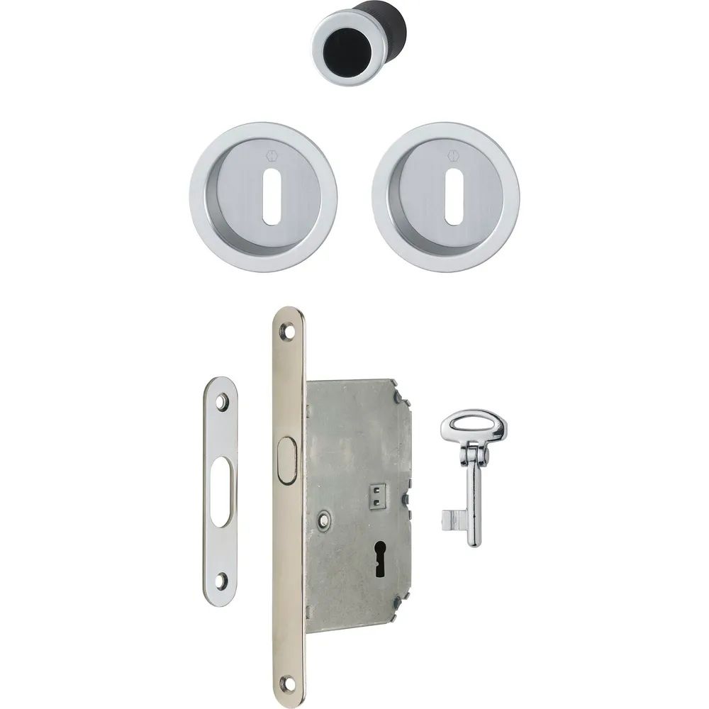 HOPPE Schiebetürmuschel Set 4920 - BB mit Schloss, rund, verchromt satiniert