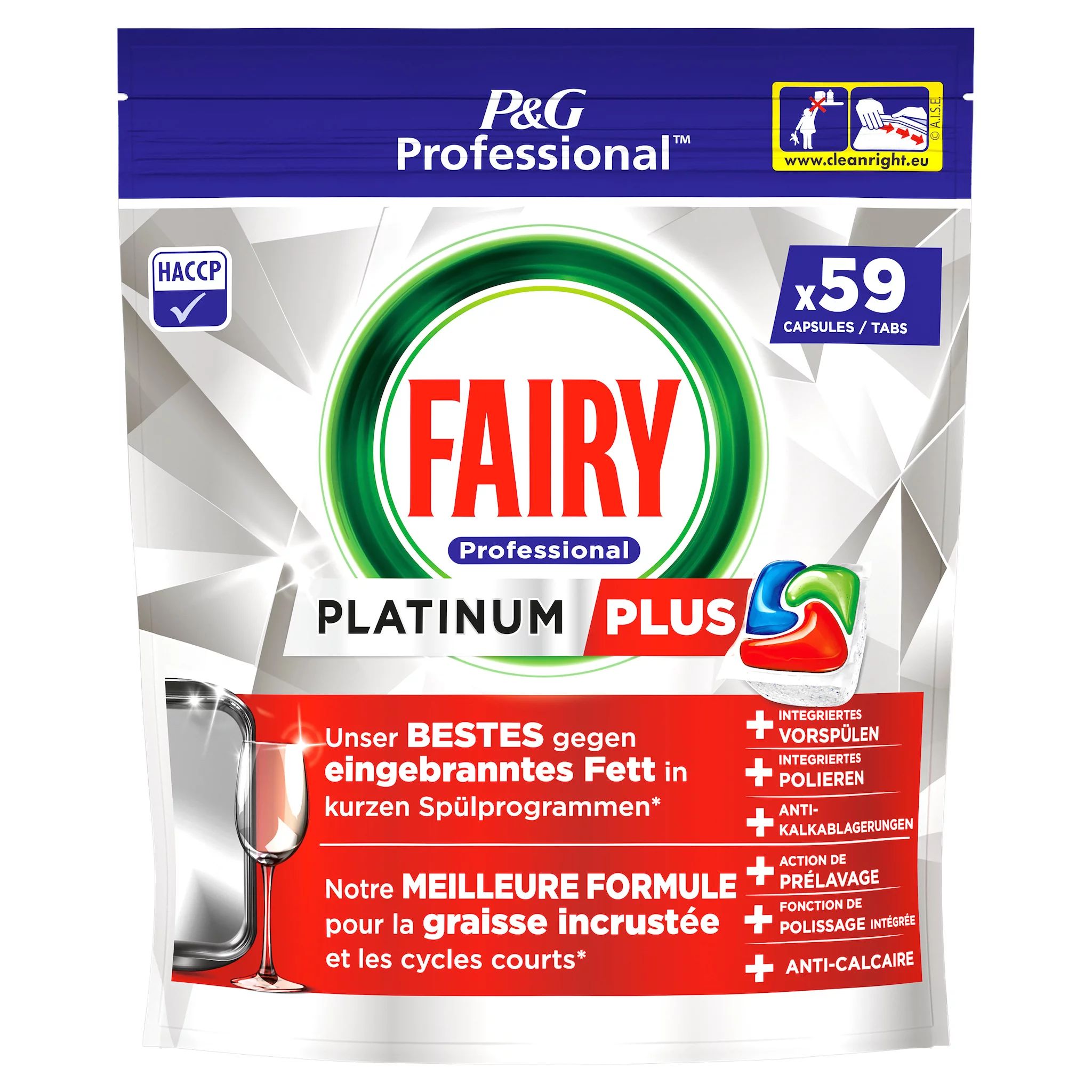 Fairy Professional Platinum Plus Geschirrspülmaschinen-Tabs, 59 Spülgänge, Hervorragend gegen eingeb