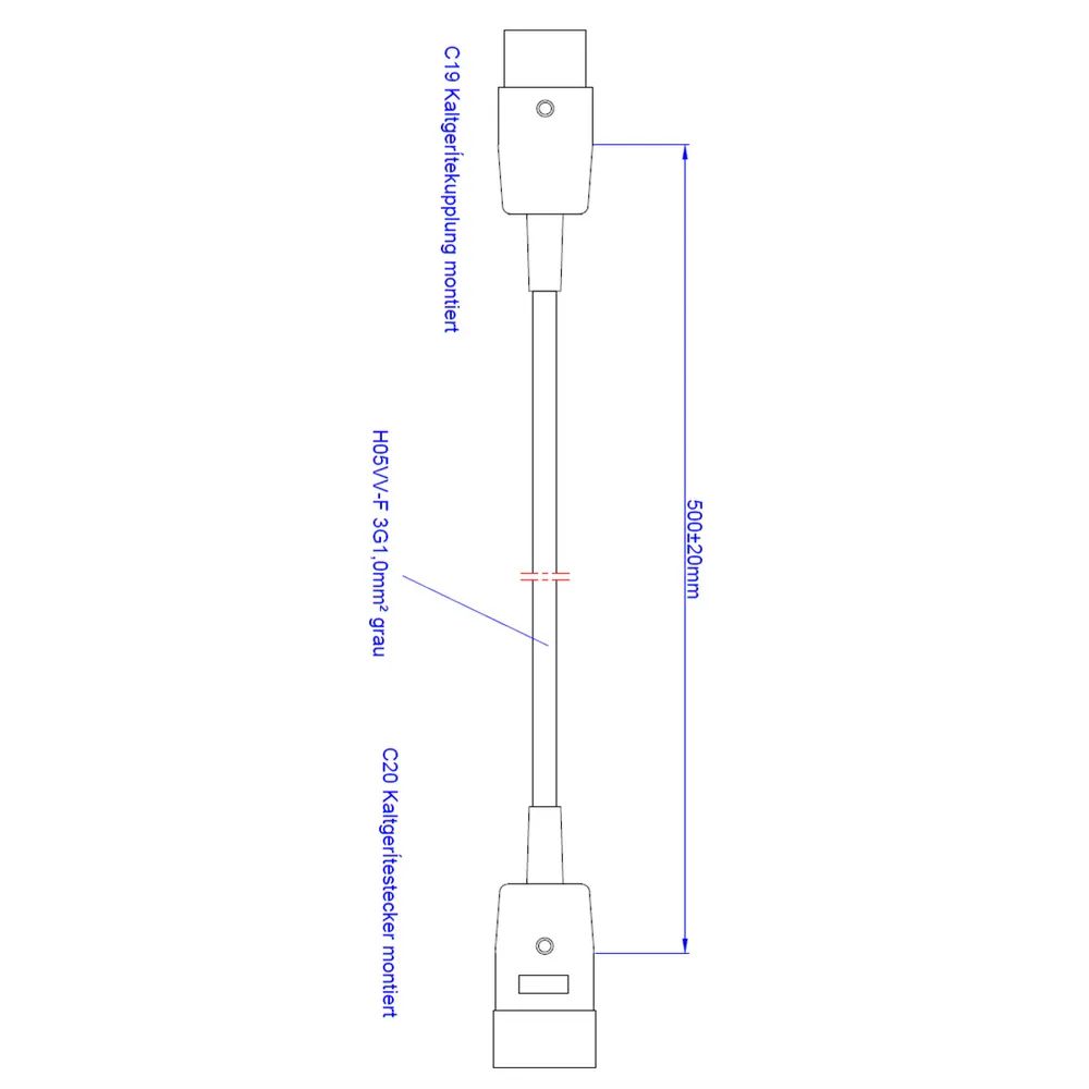 BACHMANN Verlängerung H05VV-F3G1,5,grau, C20-Kaltgeräte-Stecker C19-Kaltgerätesteckdose 0,5m