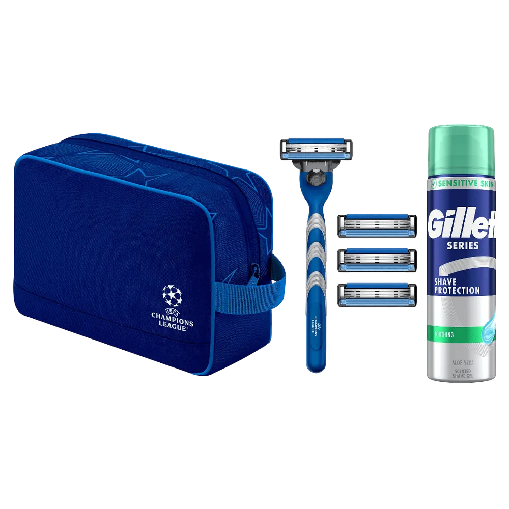 Gillette Mach3 Geschenkset Systemklingen 4er + Handstück + Series Rasiergel 200 ml + Kosmetikbeutel 