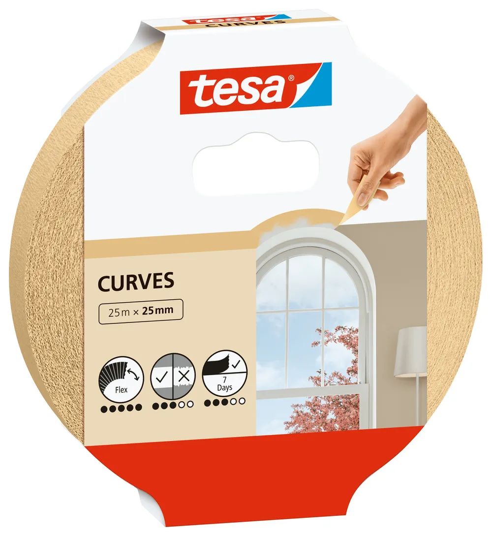 tesa® Malerband Kurven – 25 m x 25 mm – für präzises Abkleben von Rundungen