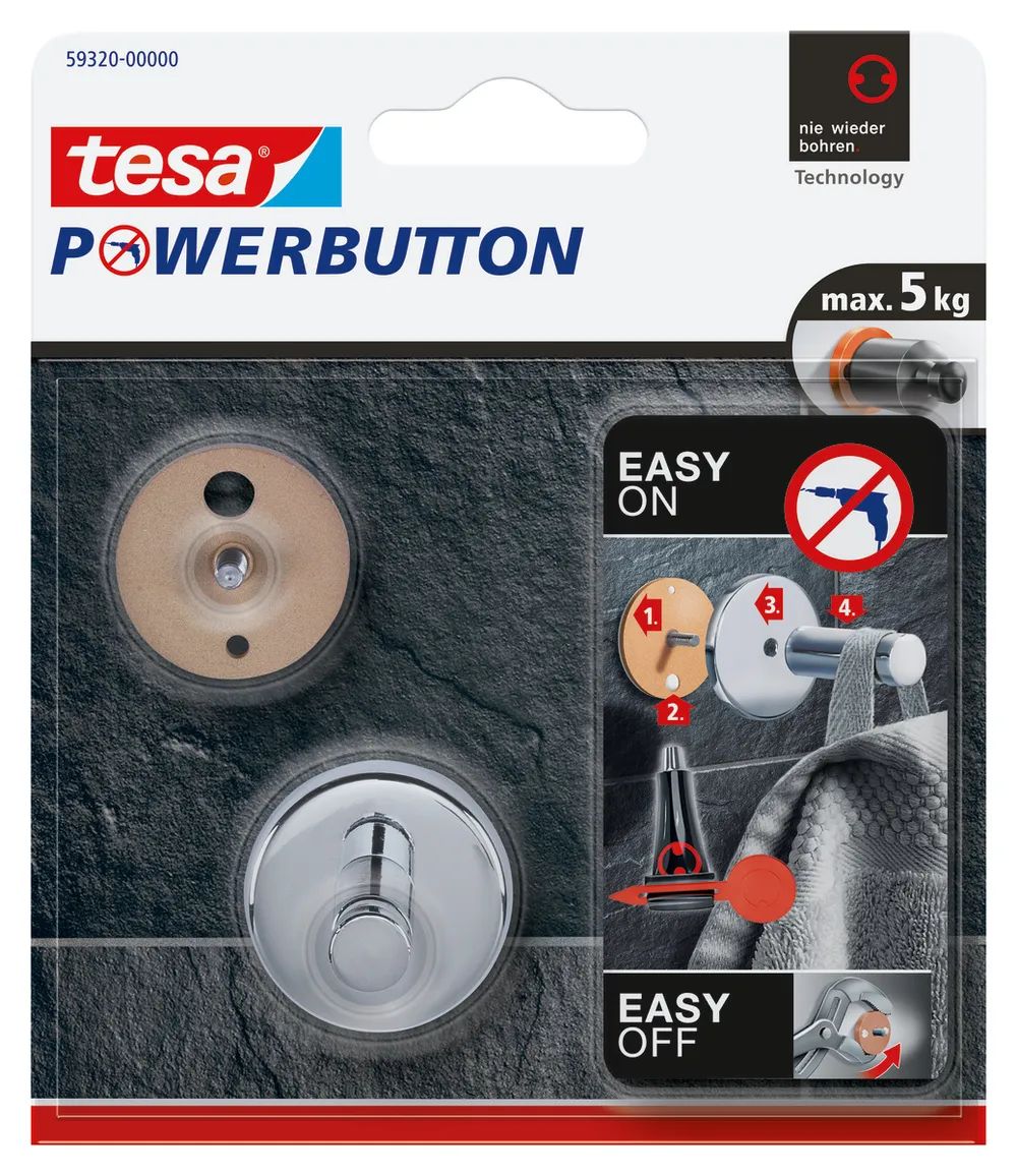 tesa® Powerbutton Haken Universal, Edelstahl, selbstklebend