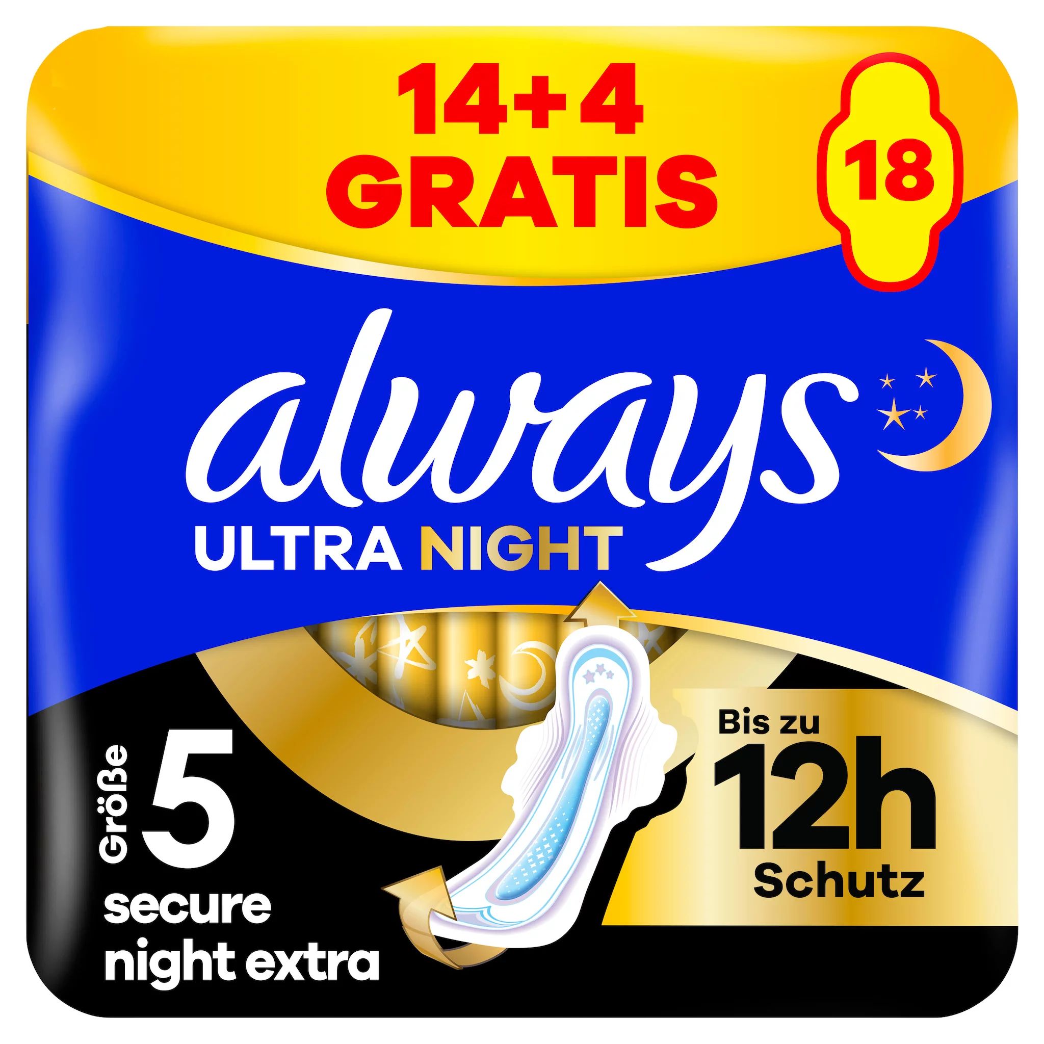 always Ultra Binde Secure Night Extra mit Flügeln BigPack 14+4 GRATIS