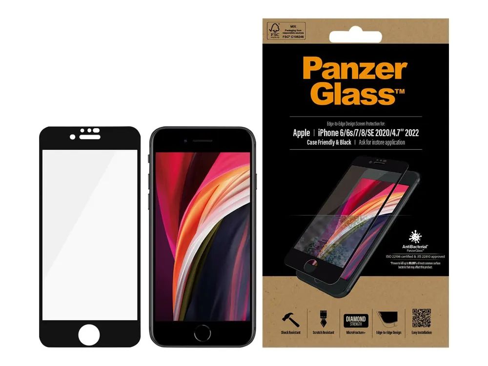 PanzerGlass Case Friendly - Bildschirmschutz für Handy - Glas - Rahmenfarbe schwarz - für Apple iPhone 6, 6s, 7, 8, SE (2. Generation)