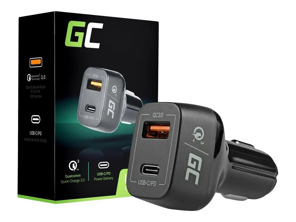 Green Cell Auto-Netzteil - 42 Watt - PD, QC 3.0 - 2 Ausgabeanschlussstellen (USB, USB-C)