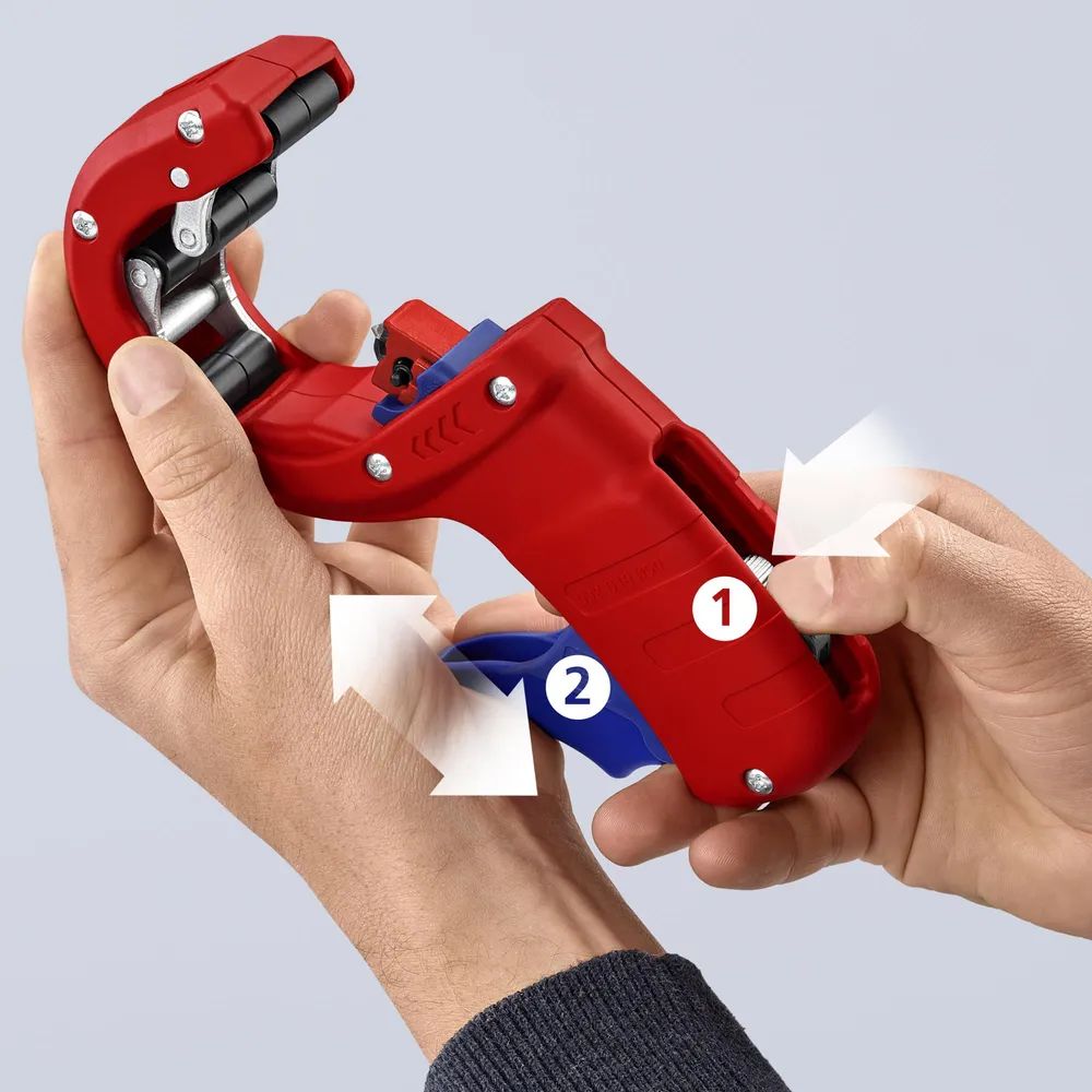 KNIPEX DPT50 Rohrschneider für dickwandige Kunststoffrohre, auch kerngeschäumt Schneiden und Anfasen in einem Schritt mit Kunststoff überzogen 202 mm