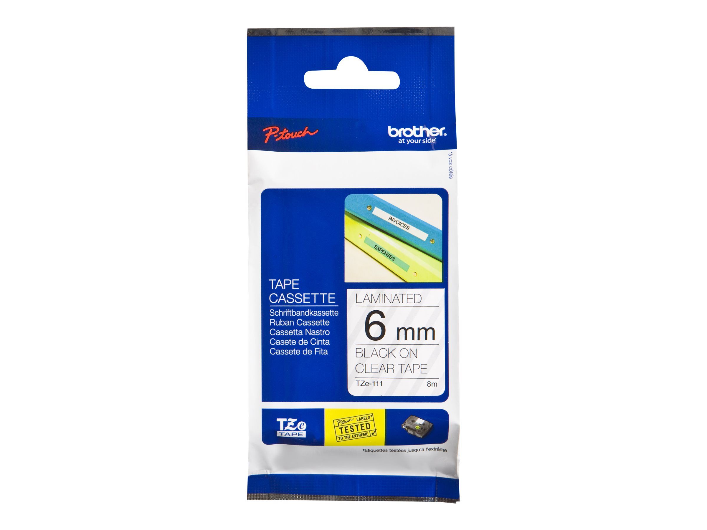 Brother TZe-111 - Standard-Klebstoff - schwarz auf durchsichtig - Rolle (0,6 cm x 8 m)