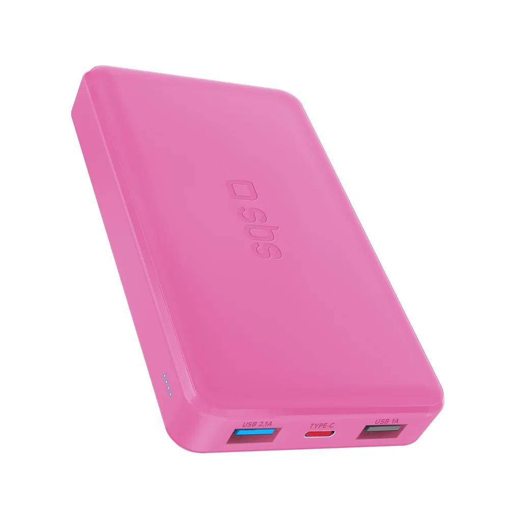SBS Powerbank 10W, 10.000 mAh, 2x USB-A, 1x USB-C und 1x Micro-USB pink